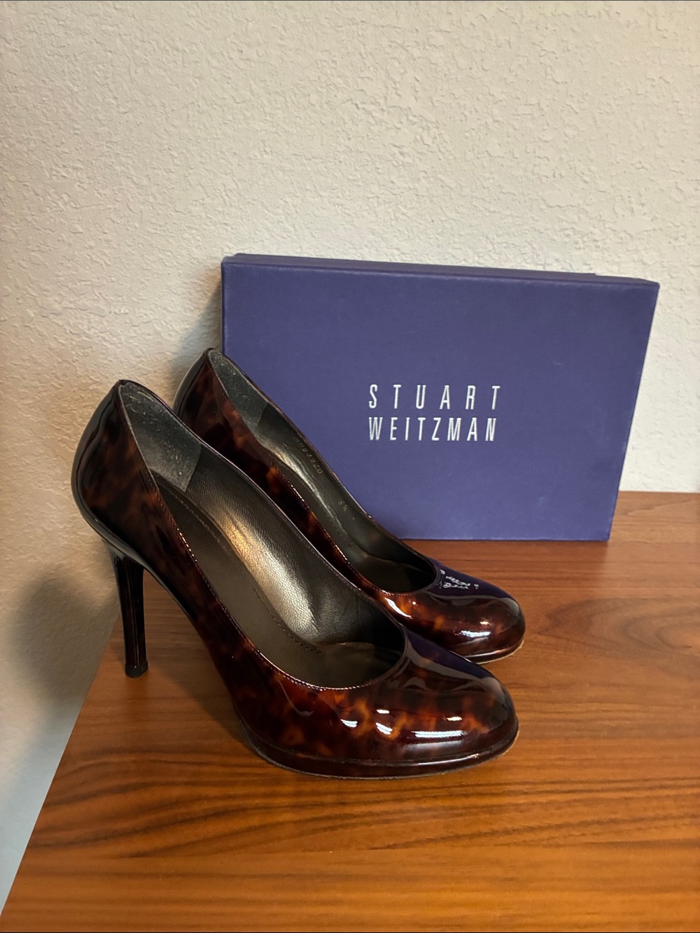 Stuart Weitzman Tortoiseshell Patent Leather Platform Pump- Brown/Black